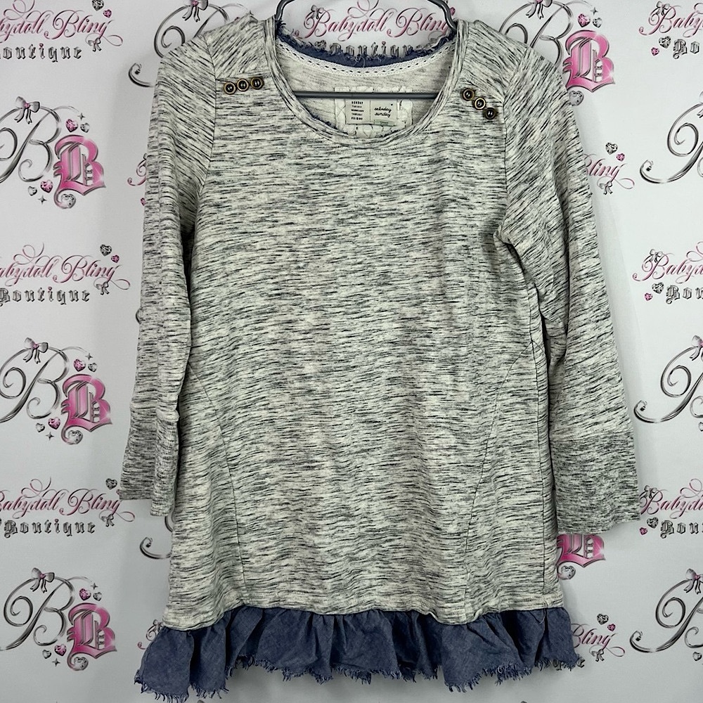 Saturday Sunday sweater grey Cozy Gray Sweater with Blue Ruffle Hem